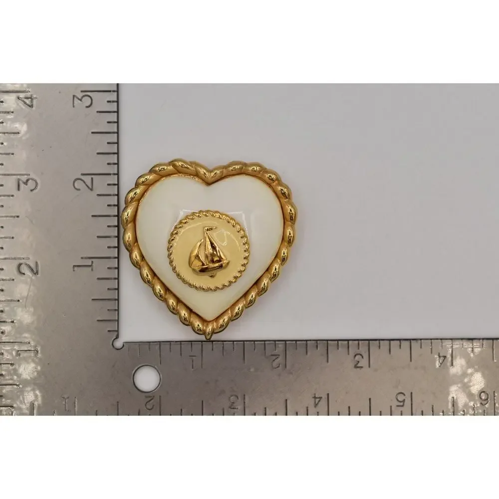 Vintage Heart Sail Boat Nautical Pin Brooch Chunky Heavy White Gold 1990s BinAL